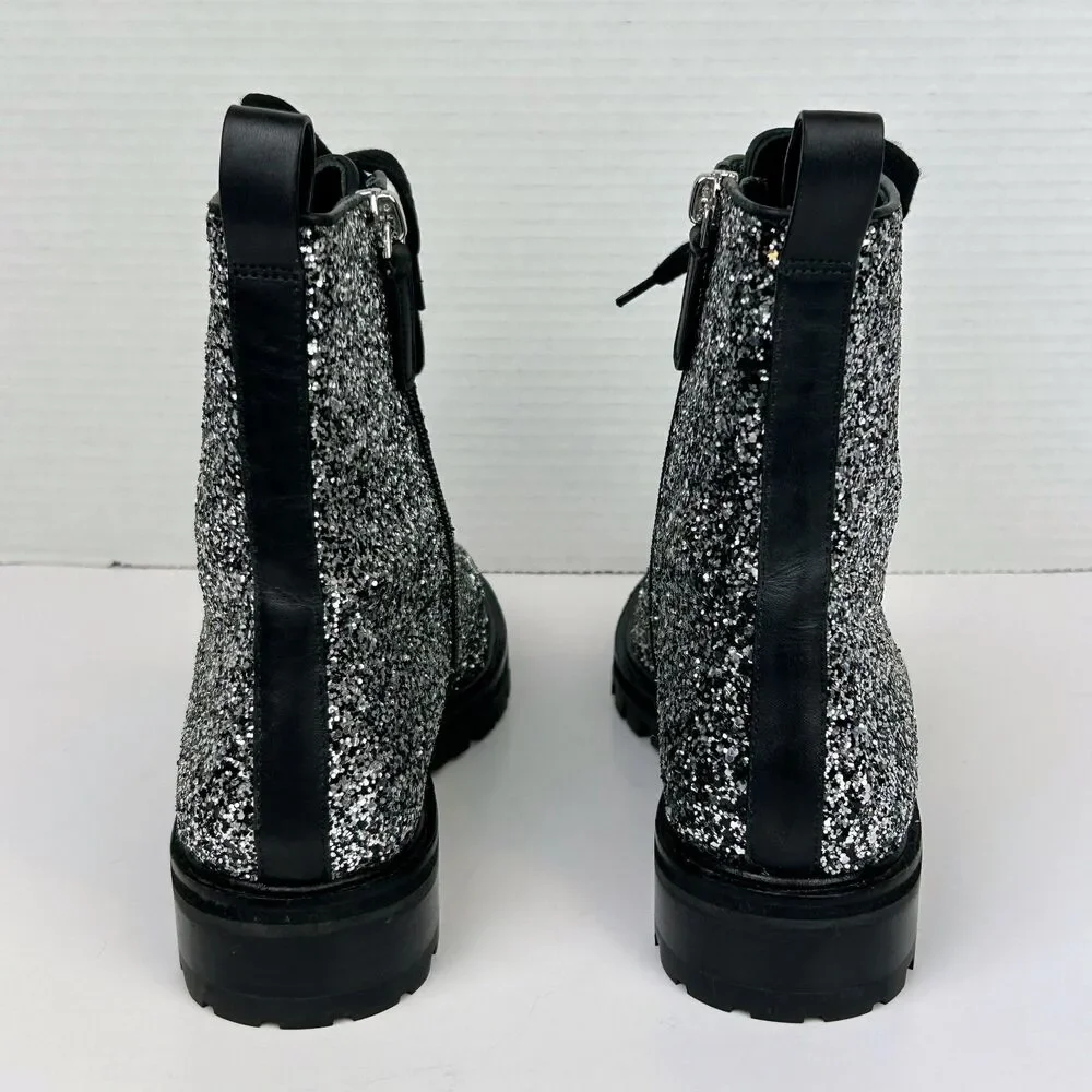 Kate Spade Jemma Glitter Combat Boots Lace Up Shoes Sparkle Leather Silver 7.5